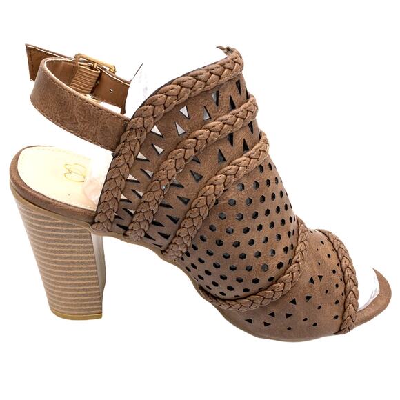 Brown Perforated Braided Peep Toe Block Heel Western Singback Sandals 7.5 - Picture 6 of 12